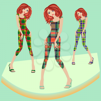 Fashion models posing on podium in various checkered dresses, hand drawing vector illustration