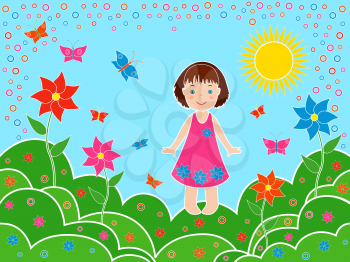 Small children girl on the meadows in sunny summer day, multicolor hand drawing vector illustration