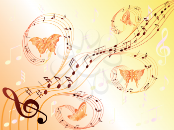 Various musical notes on stave and butterflies flying along, hand drawing stylized vector illustration