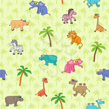 Seamless different south animals and plants pattern with cartoon elephant, camel, zebra, rhinoceros, hippopotamus, lion, giraffe and palm. Background with palms can be used as a separate seamless patt