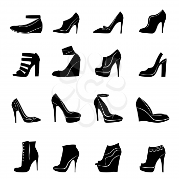 Sixteen different models of stylish women footwear isolated on white background, hand drawing vector illustration