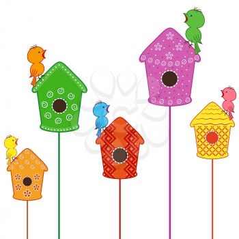Amusing and funny birds sitting and singing in their homes, a set of five colored vector illustration on a white background