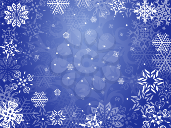 Christmas greeting card with snowflakes in blue hues, hand drawing vector illustration