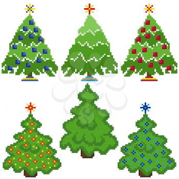 Set of six stylish Christmas Trees with chequered mosaic structure on a white background, vector illustration