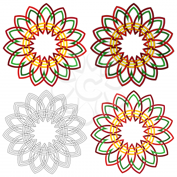 Four abstract colorful vector circular colorful shapes as a wicker patterns with different details in performance