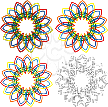 Four abstract colorful vector circular colorful shapes similar to wicker patterns with different details in performance