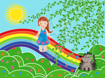 Small children girl on the rainbow in sunny summer day, multicolor vector illustration