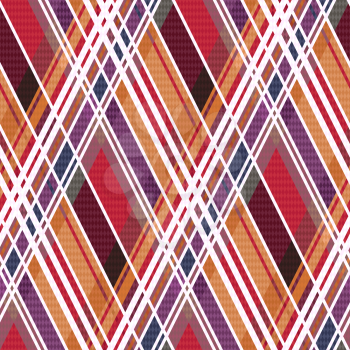 Diagonal position of rectangular seamless vector pattern as a tartan plaid mainly in red and other warm hues