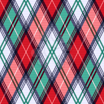 Rhombic seamless vector pattern as a tartan plaid mainly in red and turquoise colors