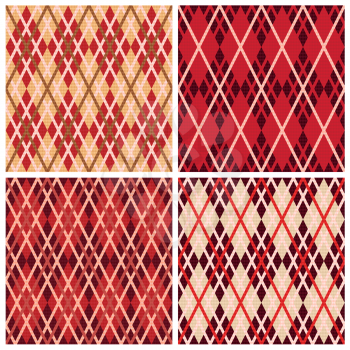 Set of four rhombic seamless vector patterns in red hues collected in one file, patterns in same as a Celtic tartan plaid 