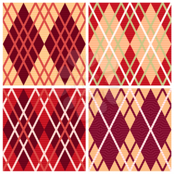 Four rhombic seamless vector patterns in red hues collected in one file, patterns in same as a Celtic tartan plaid 