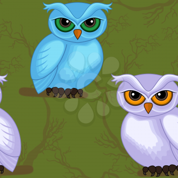 Seamless vector artwork pattern with sympathetic blue and violet cartoon owls on the dark green forest background