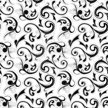 Seamless floral black pattern over white background, hand drawing vector illustration