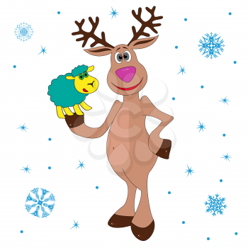 Christmas Reindeer holding a small sheep, hand drawing cartoon vector illustration