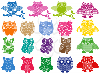 Set of nineteen colorful ornamental vector owl stencils isolated over white background