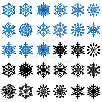 Set of thirty blue and black snowflakes isolated on a white background, hand drawing vector illustration