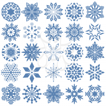 Set of twenty five blue snowflakes over white, hand drawing vector design elements