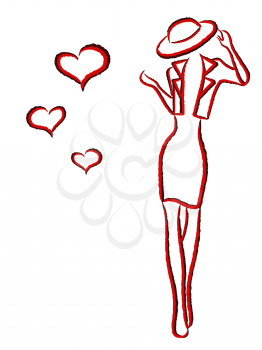 Graceful young woman in hat and jacket with black and red contours isolated on white background with hearts, hand drawing vector illustration
