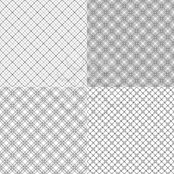 Four mesh seamless patterns in one file collected with various combinations of single and double dashed lines. Black and white vector illustration