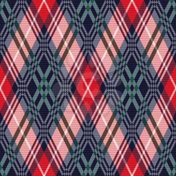 Rhombus seamless vector pattern as a tartan plaid mainly in red, pink, green and dark blue colors