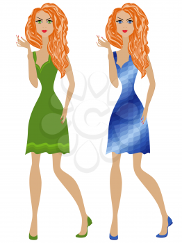 Fashion redhead slender girl in green and blue dresses, hand drawing vector illustration