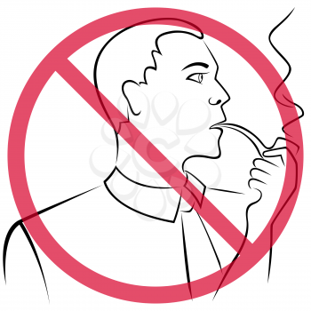 Man who smokes a pipe crossed out a red round prohibition sign, hand drawing vector outline