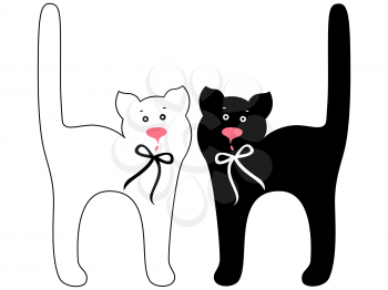 Black and white funny cats with ties, hand drawing vector artwork
