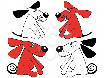 Four amusing dogs, Red and White symmetrically sitting, hand drawing vector artwork