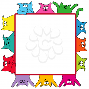 Many amusing thick color cats around a large square billboard, cartoon vector artwork