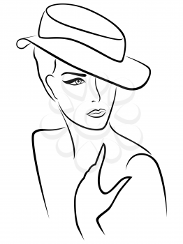 Elegant young lady in a hat, hand drawing black outline
