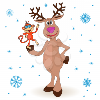 Amusing reindeer holding a small monkey - the symbol of 2016, cartoon vector artwork on the winter background