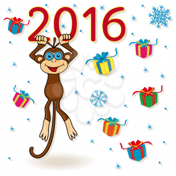 Funny Monkey holds for the digit of inscription 2016 and hangs on it, cartoon vector artwork on the winter background with many gifts and snowflakes