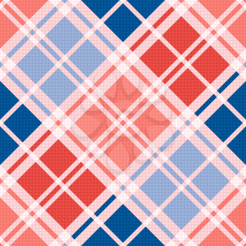 Diagonal seamless vector pattern as a tartan plaid mainly in red an blue trendy hues