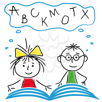 Schoolboy and schoolgirl reading a book together, cartoon sketching vector illustration