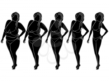 Five stages of abstract woman on the way to lose weight, black and white vector silhouettes isolated on white background