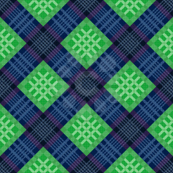 Diagonal contrast seamless vector pattern as a tartan plaid in green and blue colors