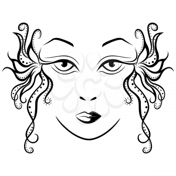 Abstract black and white female face with ornate stylized locks, hand drawing vector illustration