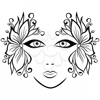Abstract black and white female face with ornate floral accessories, hand drawing vector illustration