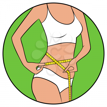 Abstract slender woman using a tape measure to measure her waist size, hand drawing vector illustration in circle isolated over white