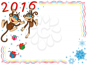Greeting card with two Funny gesturing Monkeys and inscription 2016, cartoon vector artwork on the winter background with frame, snowflakes and gifts
