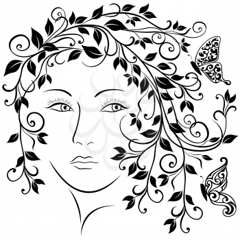 Abstract female portrait with swirl vine twigs, leaves and butterflies in hair, black and white vector illustration