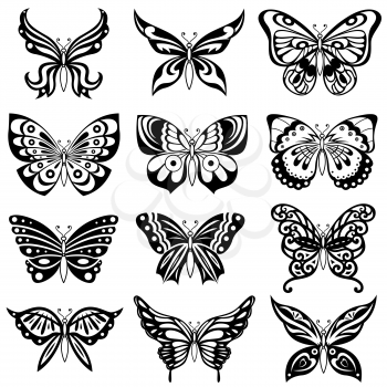 Set of twelve ornamental black butterflies isolated on the white background, hand drawing vector artworks