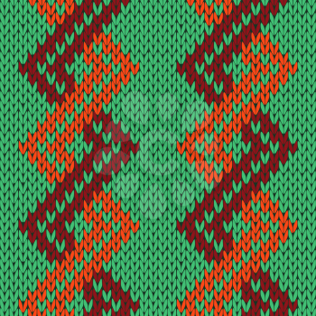 Knitting seamless vector pattern with zigzag ornamental chains as a knitted fabric texture in green, orange and brown colors