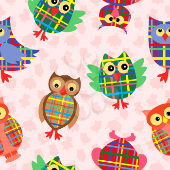 Likable colourful checkered owls on the pink background with many stylized simple owls, seamless vector pattern