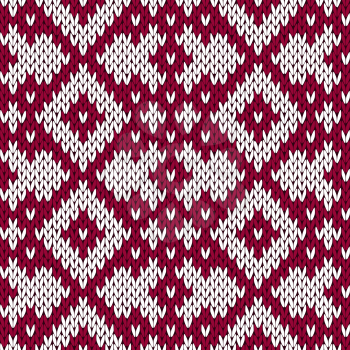 Abstract knitting ornamental seamless vector pattern as a knitted fabric texture in dark red and white colors