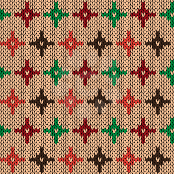 Seamless knitting geometrical vector pattern with color crosses over beige background as a knitted fabric texture 