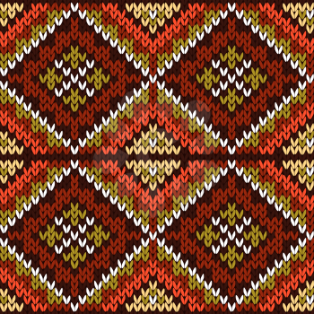 Knitted geometric motley background in warm colors and in white, seamless knitting vector pattern as a fabric texture