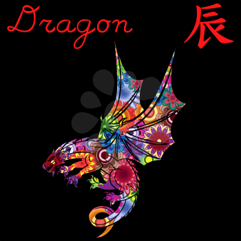 Chinese Zodiac Sign Dragon, Fixed Element Earth, symbol of New Year on the Eastern calendar, hand drawn vector stencil with colorful flowers isolated on a black background