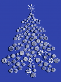 Beautiful ornate stylized Christmas tree with lot of lacy white snowflakes on the blue background, vector illustration