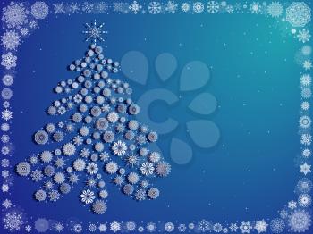 Blue background with beautiful ornate stylized Christmas tree with lot of lacy white snowflakes and with lot of ornate white snowflakes framed around